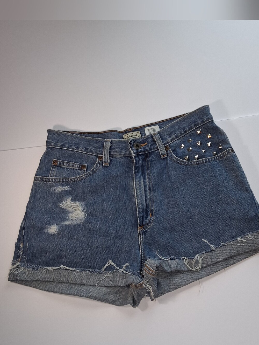 L.L. Bean Women's Distressed Denim Shorts - Blue Size 6 Reg Studded Pockets